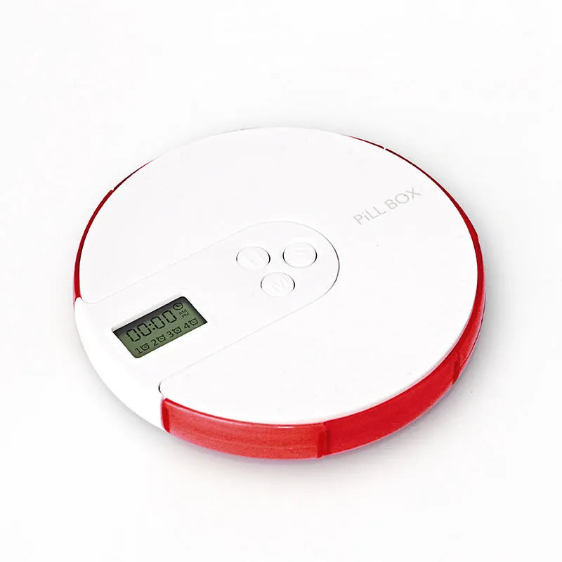 Blue 7-compartment alarm clock pill dispenser showing time display and open compartments.