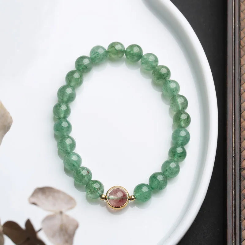 Hand-woven green strawberry quartz bracelet with 7.5mm beads in Chinese style geometric design