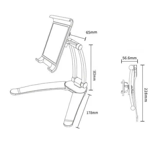 Silver aluminium alloy desktop stand holding a tablet at an angle, with adjustable clips and a white mounting base.