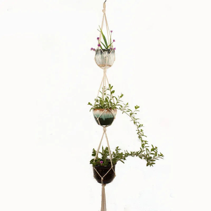 Woven wire plant hanger bracket with cotton rope, shown in a rustic style suitable for wall mounting.