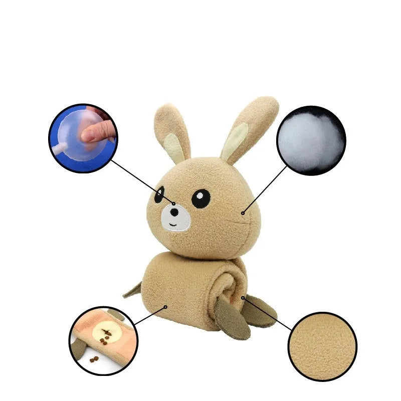 Plush dog sniff toy in poached bunny colour with food hiding and soundmaking features