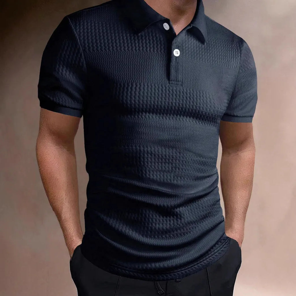 Men's striped polo shirt in loose fit with short sleeves showing asymmetric design detail