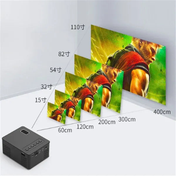 Black USB smart projector with 320x240 resolution and 20W power, front projection, shown with UK EU US AU plug options.