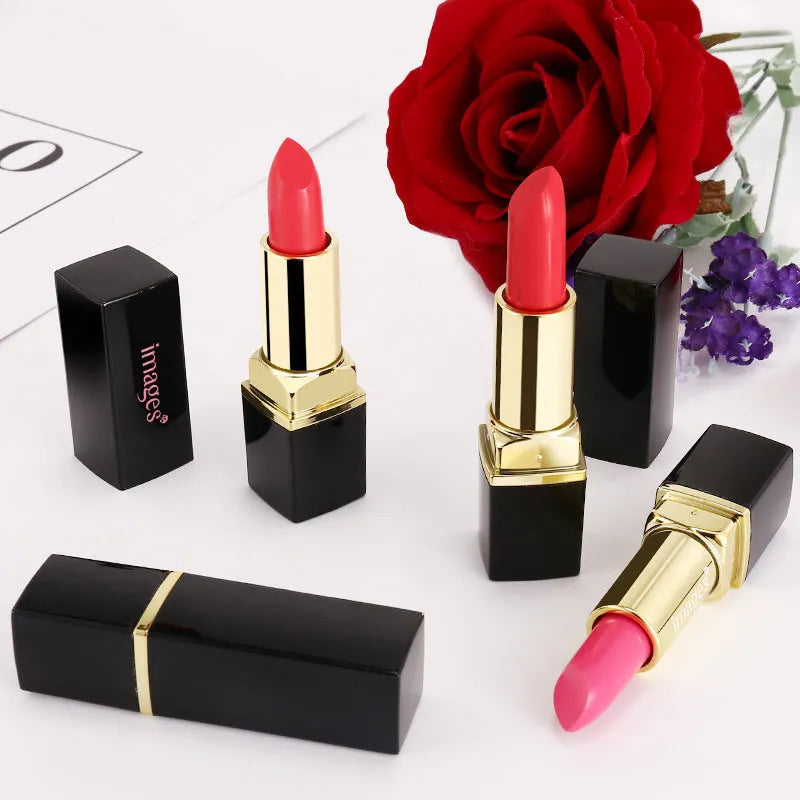 Moisturising lipstick tube in one of ten colours, including coral red and babie pink, 3.8g net weight.