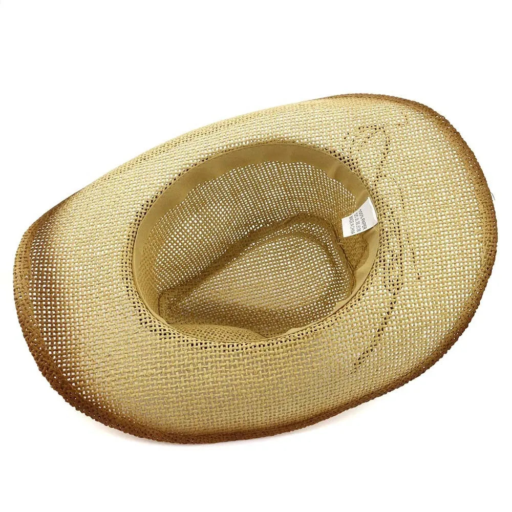 Paper straw cowboy beach hat with bell crown in khaki colour showing Korean style design