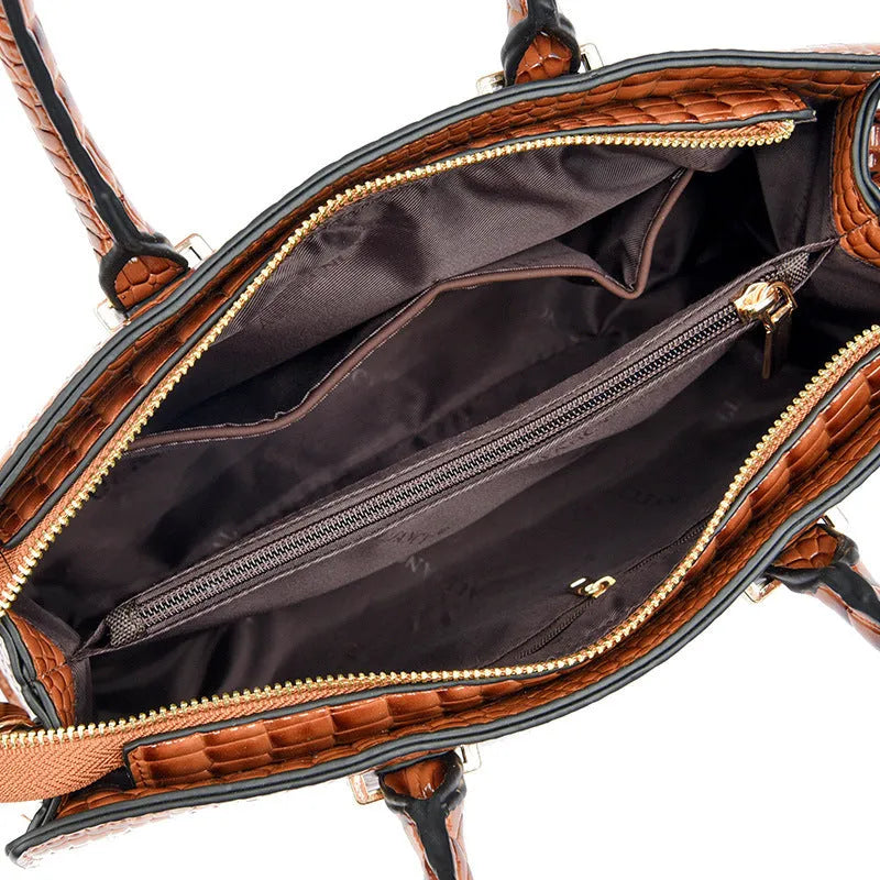 Women's retro crocodile pattern all-match shoulder messenger bag in black, PU material, front view