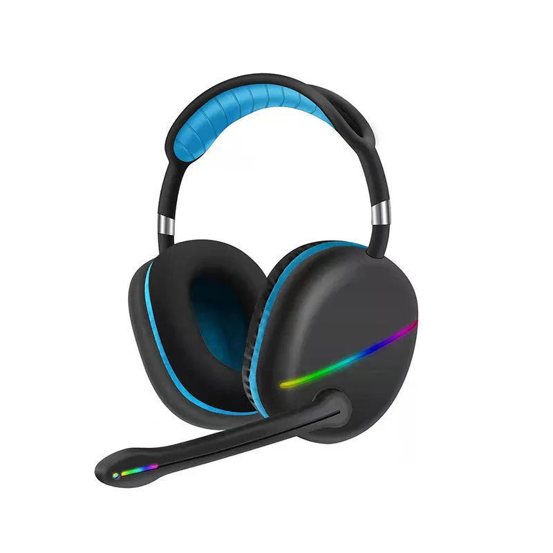 Headworn Bluetooth earphones with RGB colour lights in blue, pink, or red