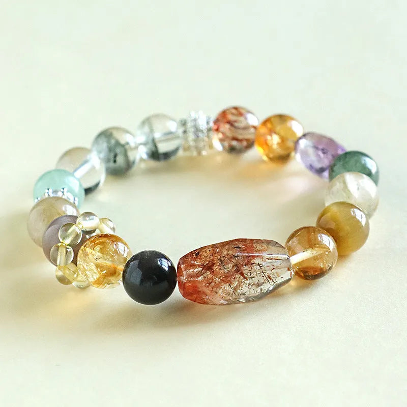 Women's natural crystal bracelet with string bead design in black and gold Duobao style