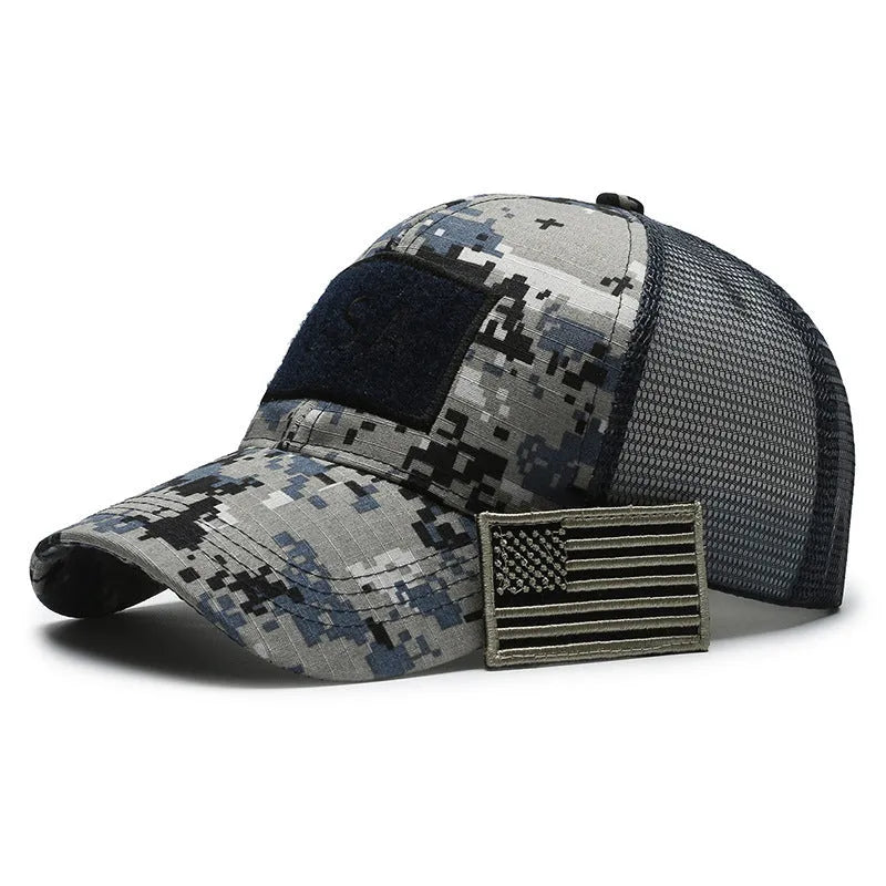 Tactical camouflage baseball cap with adjustable velcro strap and cotton dome crown