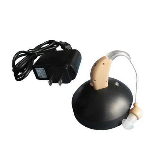 Rechargeable behind-the-ear digital hearing aid amplifier with mini design and plastic housing.
