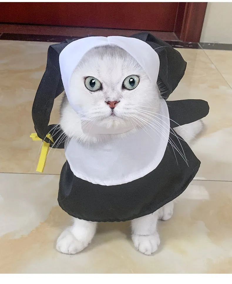 Black nun dress costume for cat or dog on mannequin