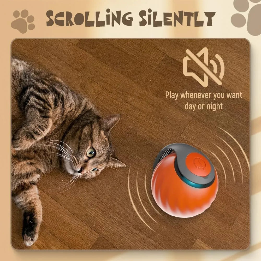 Blue and red rechargeable self-moving interactive ball toy for indoor cats and dogs on a plain background.