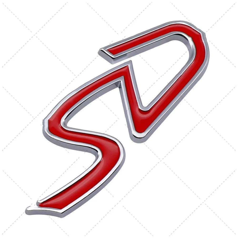 Red and silver SD design metal bumper sticker next to smaller red and black D design, showing scale.