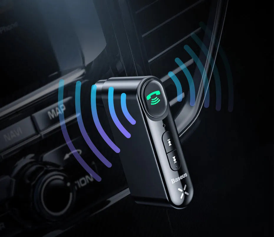 Black car Bluetooth receiver with 3.5mm plug and USB charging cable