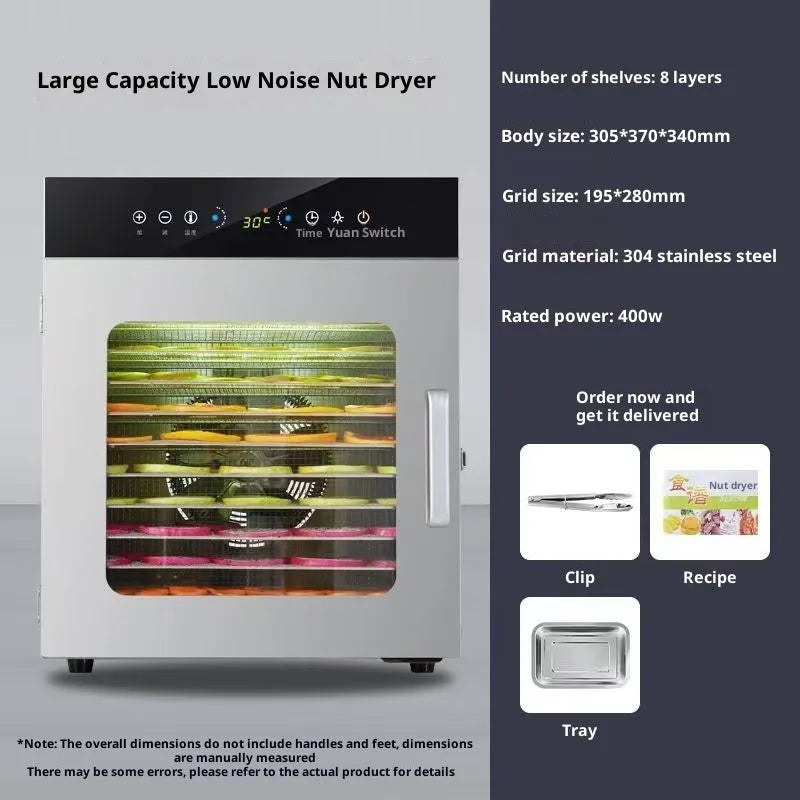 12-layer stainless steel food dehydrator with D-type touch screen panel and 19.5x28cm drying nets