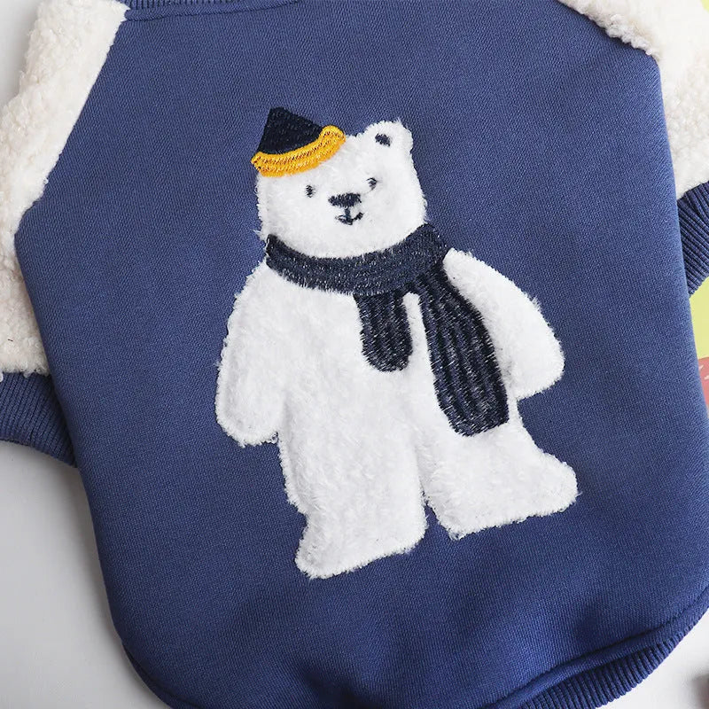 Dark blue fleece-lined dog winter coat with cotton outer material in size L