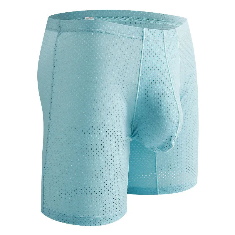 Men's nylon mesh boxer shorts in transparent lengthened design, mid-waist sports underwear, sizes M to XXL.