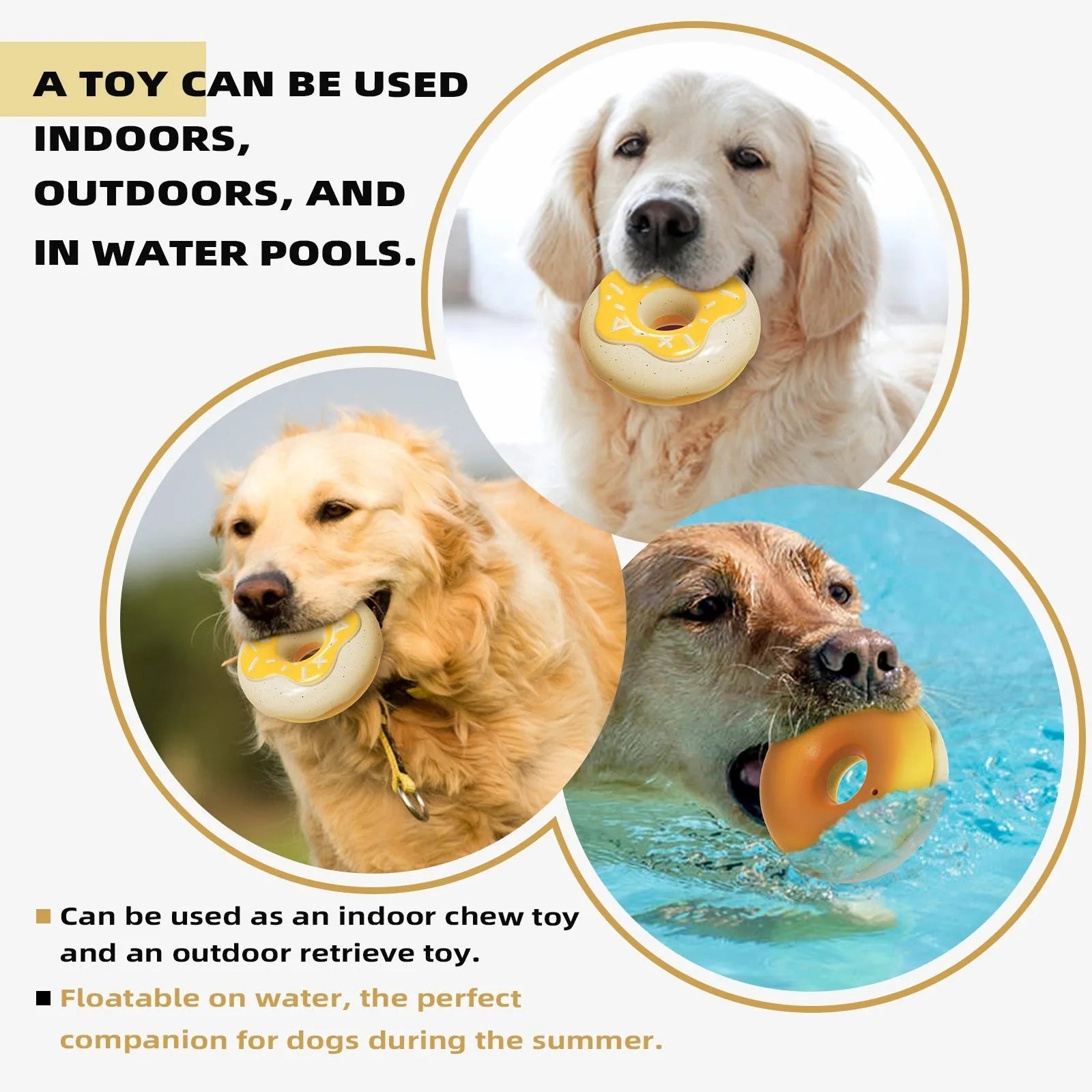 TPR rubber donut-shaped dog toy with textured cleaning surfaces in pink, chocolate brown or yellow colours