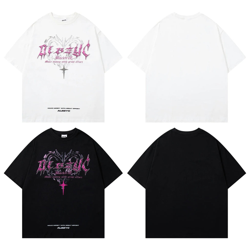 Men's retro printed cotton short sleeve T-shirt in loose fit available in white and black