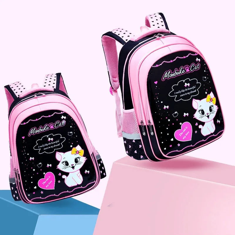 Kids school backpack with cute cat print in nylon, waterproof and load-reducing design, available in large or small sizes