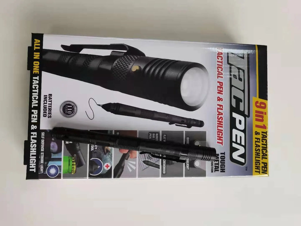 Black nine-in-one multi-function flashlight car window breaker survival pen