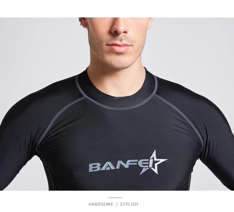 Men's quick-dry half sleeve swimsuit suit for snorkelling, showing separate nylon top and pants.