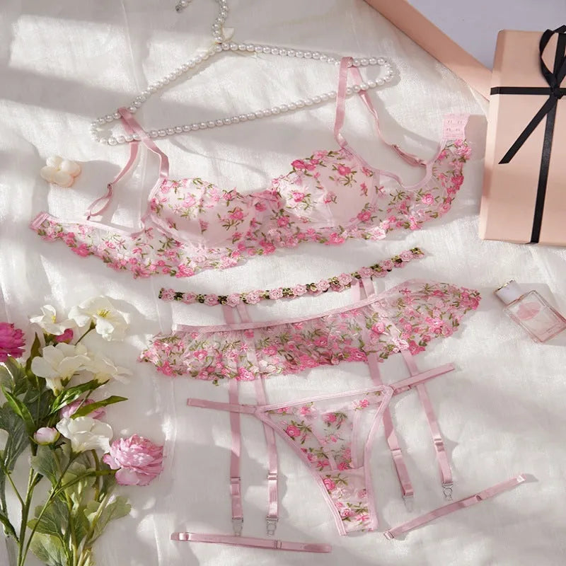 Women's pink polyester bikini set with hollow out lace detail, three-point style, sizes S-XL