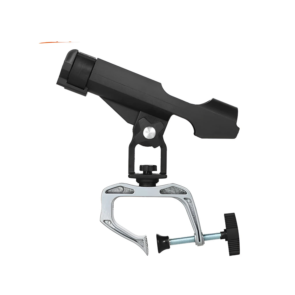 Black plastic fishing rod holder with aluminium G clamp mount, 360 degree adjustable, 250 x 250 x 100mm