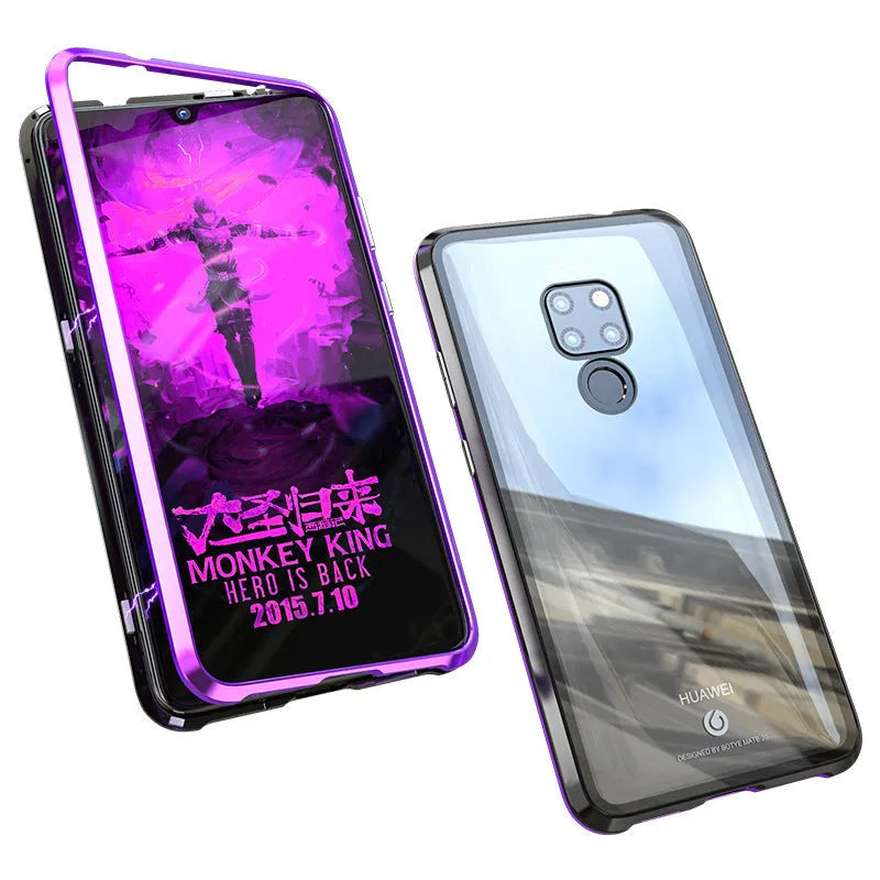 Black magnetic metal phone case with clear tempered glass back for a Huawei smartphone.