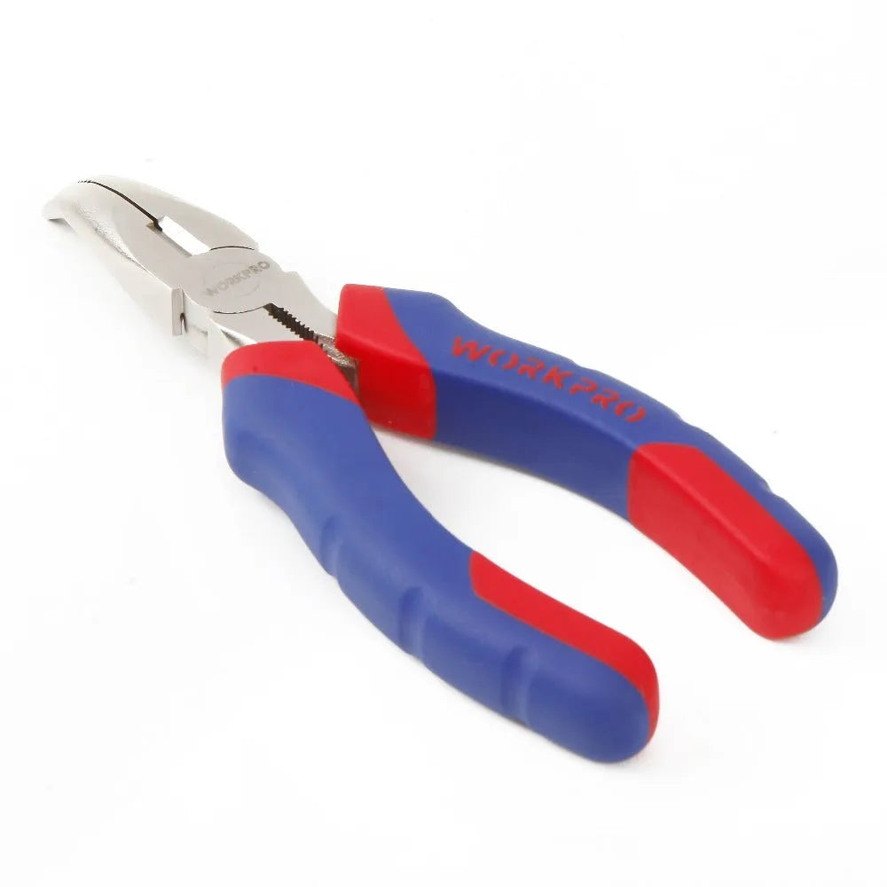 Blue-handled curved nose pliers with a double-colour sleeve grip and a tapered bent tip.