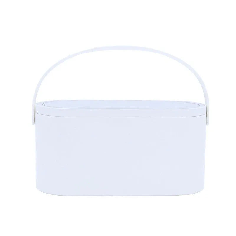 Pink portable plastic storage box with a built-in aluminium makeup mirror