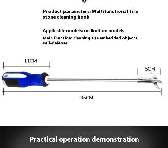 Portable alloy tyre cleaning tool set with built-in Phillips screwdriver and stone artifact, long style, on a white background.