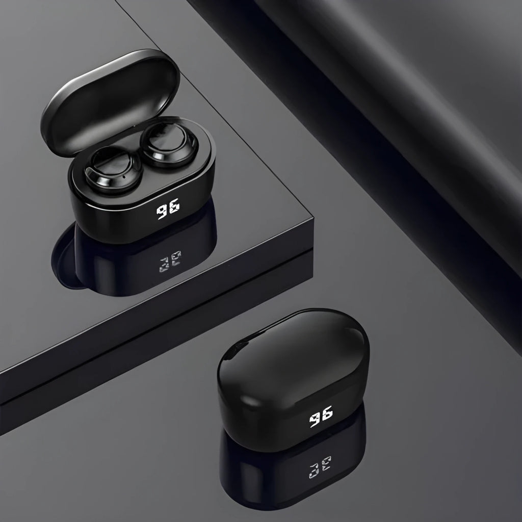 Black in-ear stereo Bluetooth headset with earplug-style design.