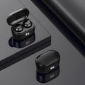 Black in-ear stereo Bluetooth headset with earplug-style design.
