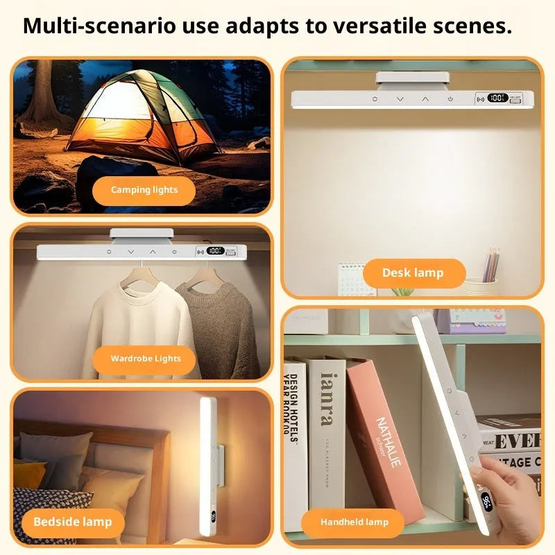 Magnetic rechargeable table lamp with long strip light bar, touch remote control, and built-in lithium battery for dormitory study use.