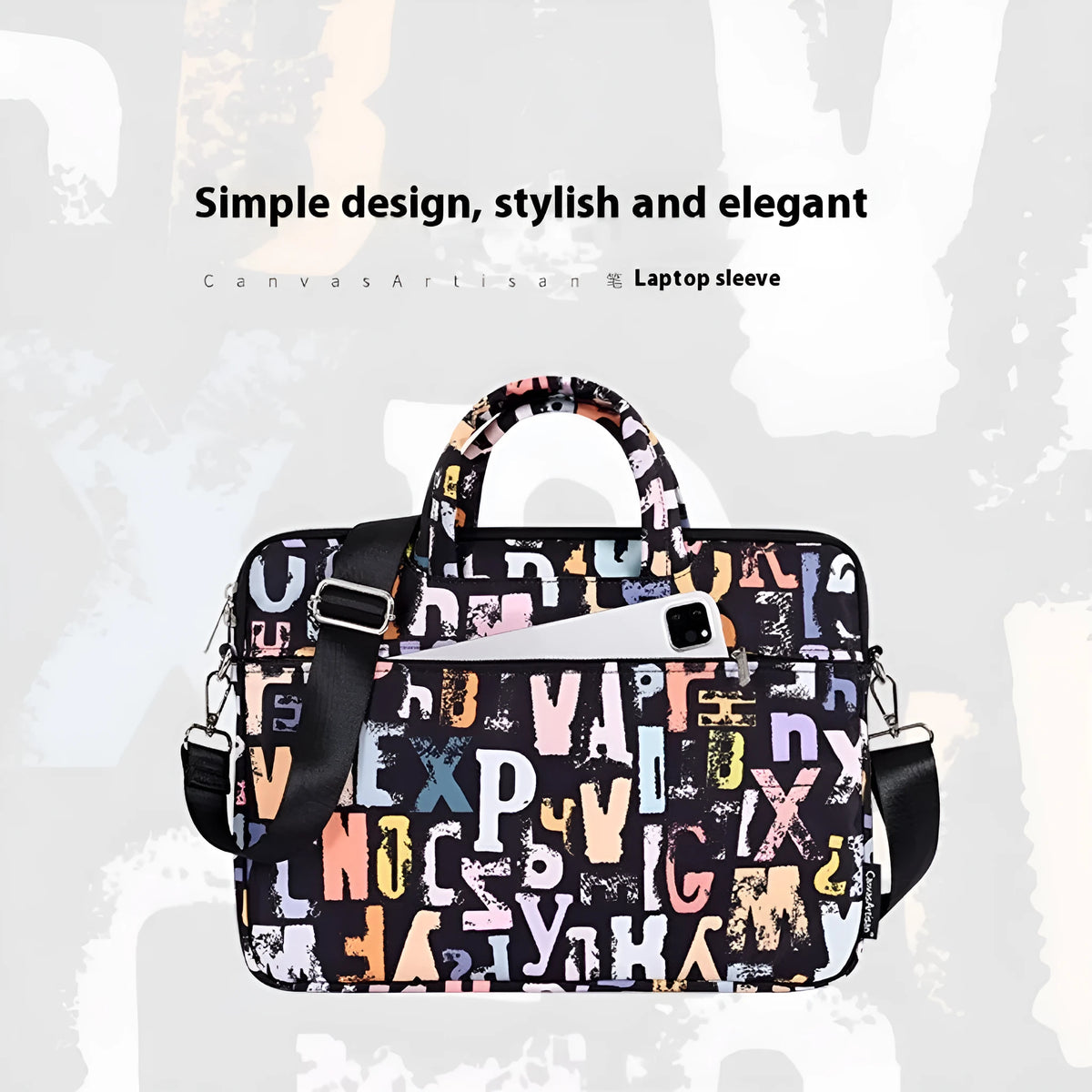 Black polyester laptop tablet bag with printed letter pattern, 13 inch size, waterproof anti-seismic unisex carrying case