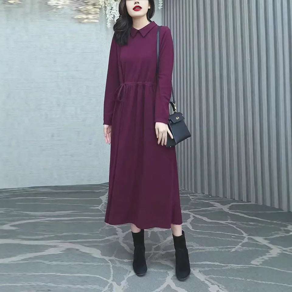 Purplish red plus size long sleeve dress with a long skirt for winter.