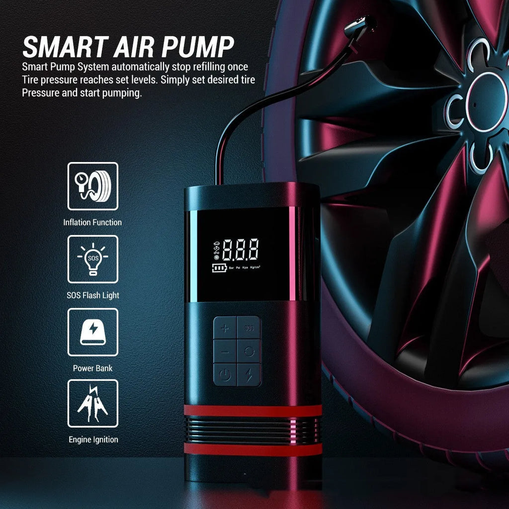 Black vehicle jump starter unit with cables showing 100W power output and USB charging capability