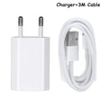 USB travel charger with Apple-compatible charging cable showing 5V 2A output and 220V UK input specifications