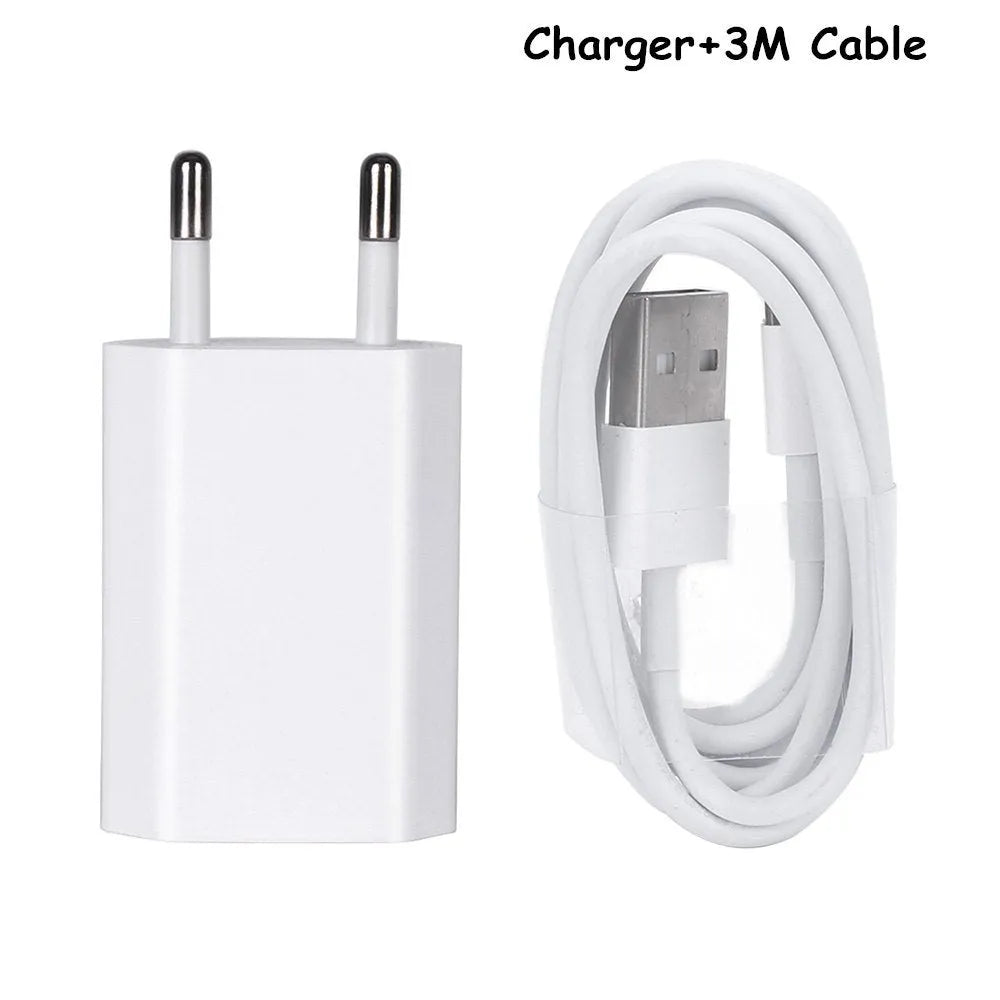 USB travel charger with Apple-compatible charging cable showing 5V 2A output and 220V UK input specifications
