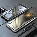 Black magnetic metal phone case with clear tempered glass back for a Huawei smartphone.