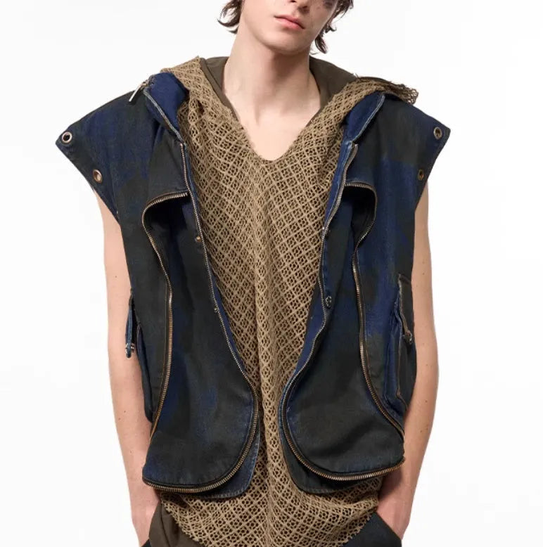 Blue hooded denim vest coat and trousers set with front zipper in Korean style
