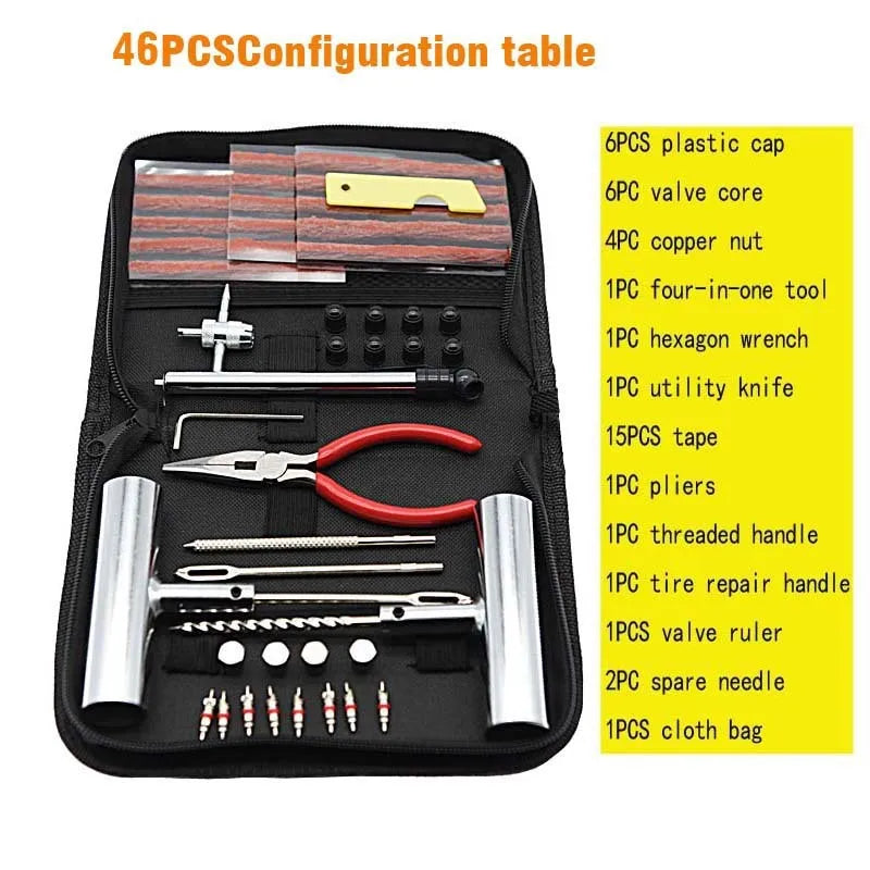 Tyre repair kit first aid set with 45 steel tools in cloth storage bag