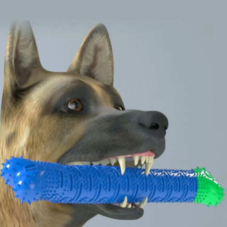 Blue green dog dental cleaning stick with silicone brush head and massage nodules measuring 25cm