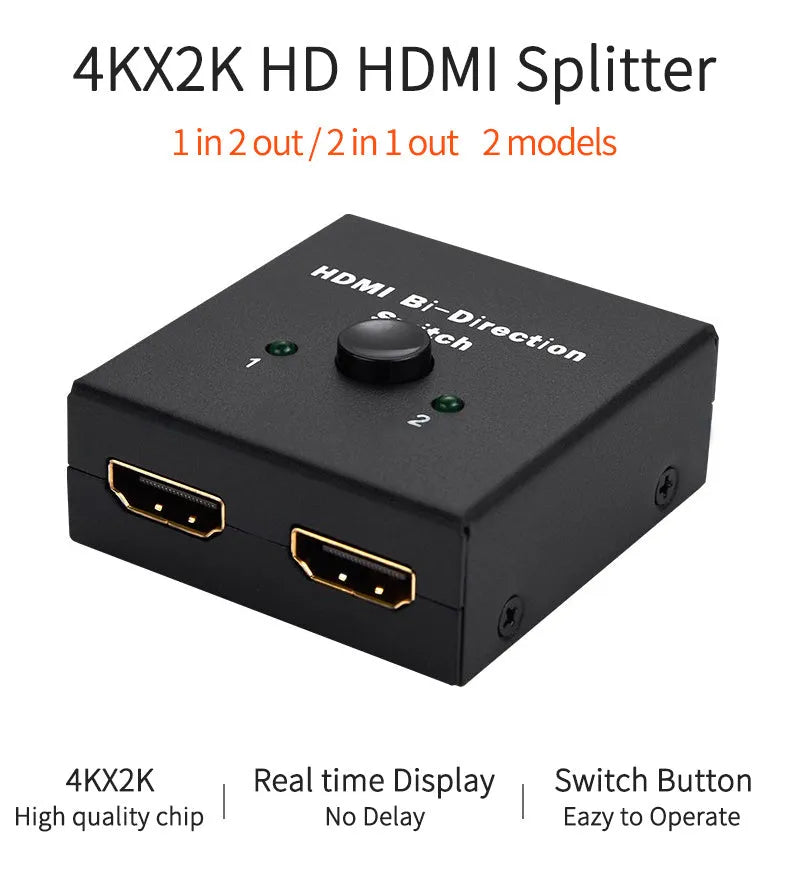 HDMI bi-direction switch black plastic housing with three ports and two blue LED indicators