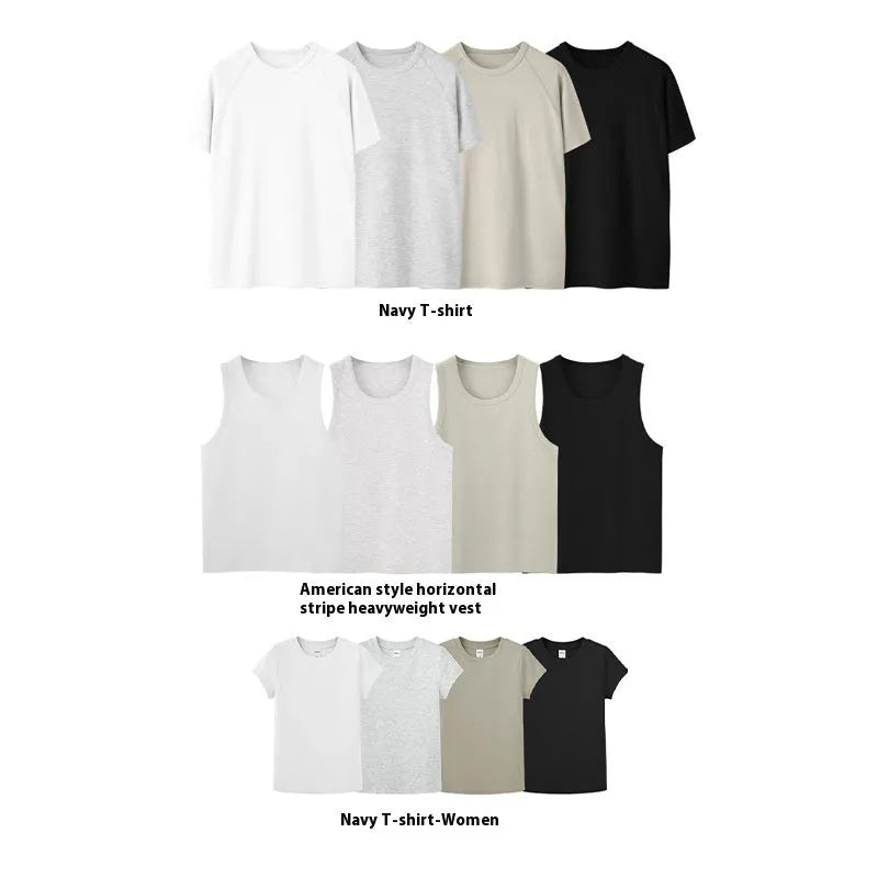 Slim fit leisure T-shirt collection showing vest and short sleeve options in beige, gray and black colours