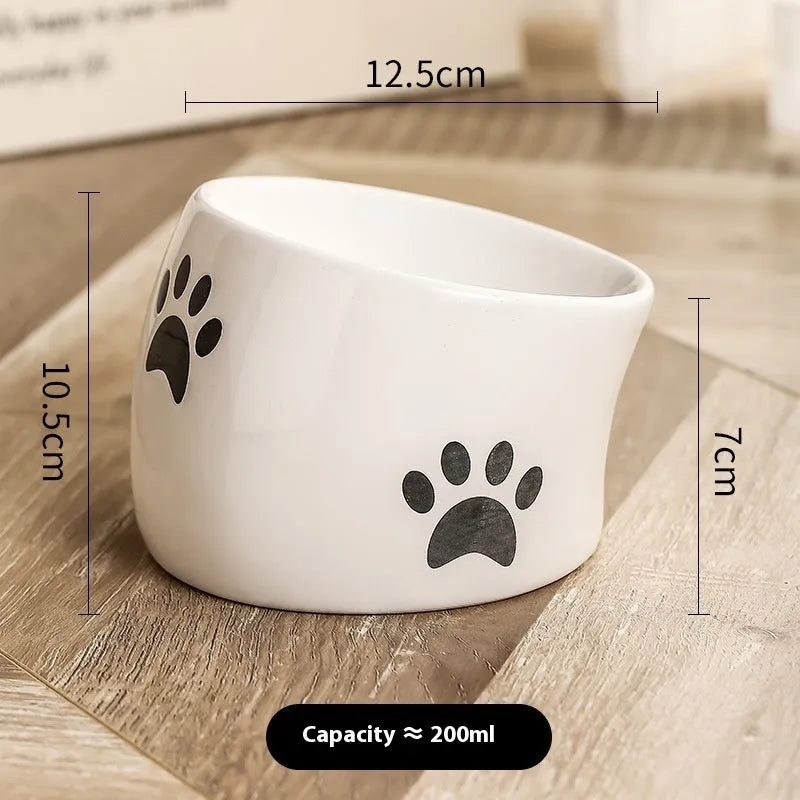 Ceramic cat bowl with neck protection design and cat's paw pattern in selected colour