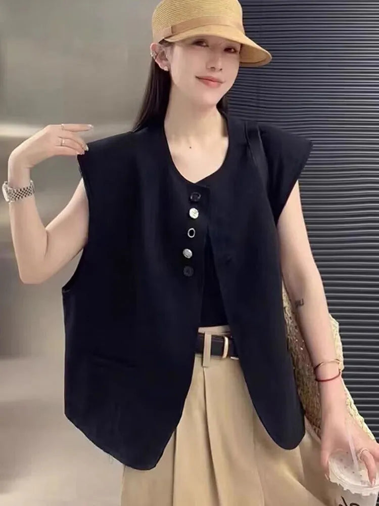 Women's loose fit polyester sleeveless vest in milky white with a visible pocket detail.