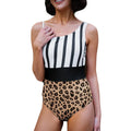 Leopard print women's one-piece swimsuit with asymmetrical collar and high-waist briefs.