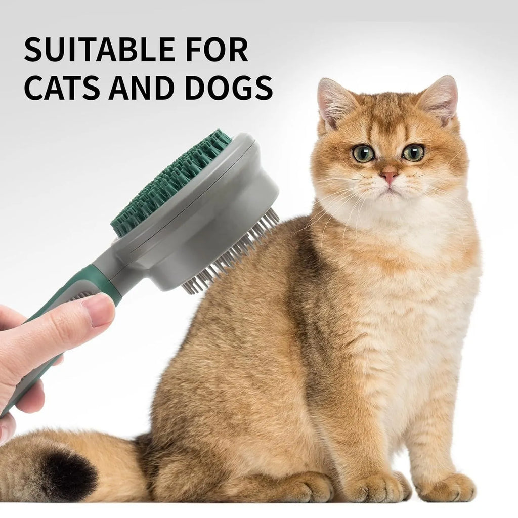Green and pink 2-in-1 silicone cat hair brush with retractable slicker brush and massaging head.